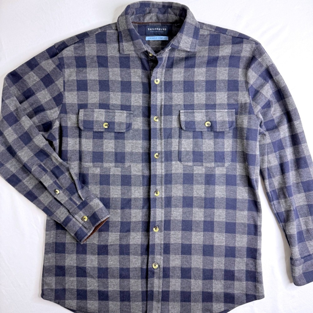 Tailorbyrd Collection Navy Blue Grey Buffalo Plaid Flannel Shirt Mens Small